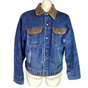 Key Imperial Denim Chore Coat Men L Blue Beige Snap Up Blanket Lined Pockets VTG